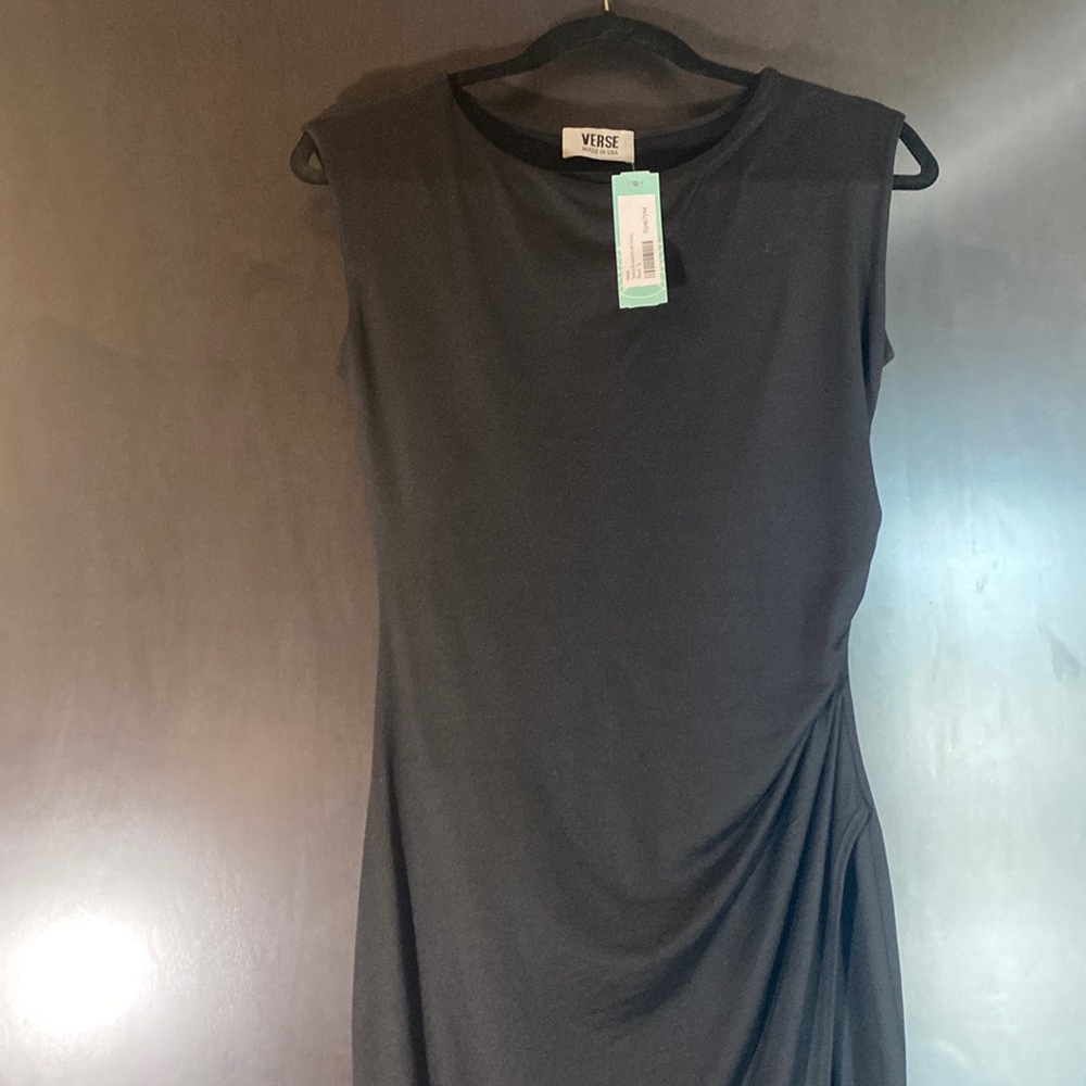 Cinched midi black knit wrap dress small Verse NWT